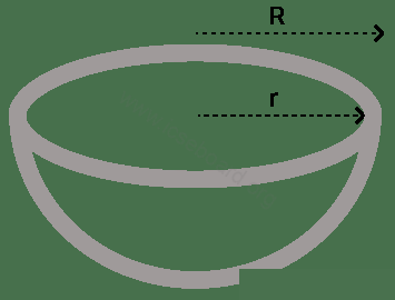 A hemi-spherical bowl (as shown) has external radius R and internal radius r, the outer surface area of the bowl is : Cylinder, Cone, Sphere, Concise Mathematics Solutions ICSE Class 10.