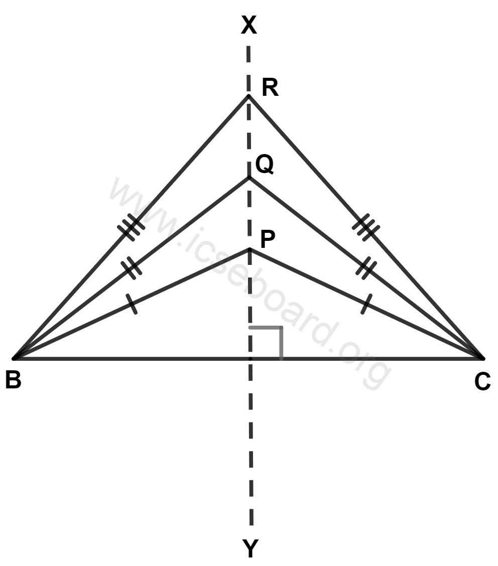 Three isosceles triangles PBC, QBC and RBC are on the same base, then : Loci, Concise Mathematics Solutions ICSE Class 10.