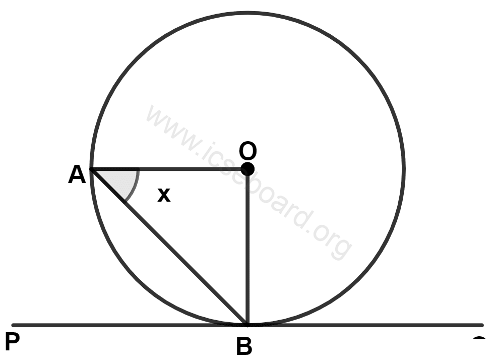 In the given figure, O is center of the circle and PQ is a tangent. If angle OAB = x; the measure of angle ABP; in terms of x, is : Tangents and Intersecting Chords, Concise Mathematics Solutions ICSE Class 10.