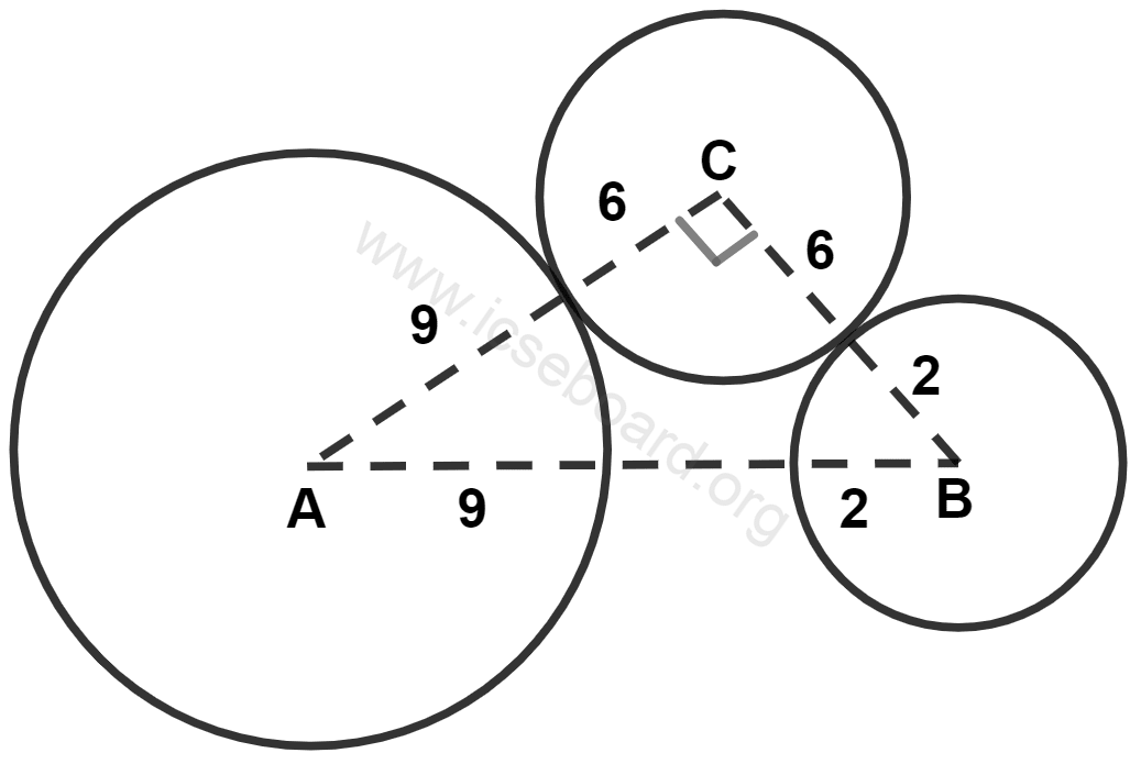 A, B and C are three circles which touch each other as shown. Using the information, given in the diagram, we find the length AB as : Tangents and Intersecting Chords, Concise Mathematics Solutions ICSE Class 10.