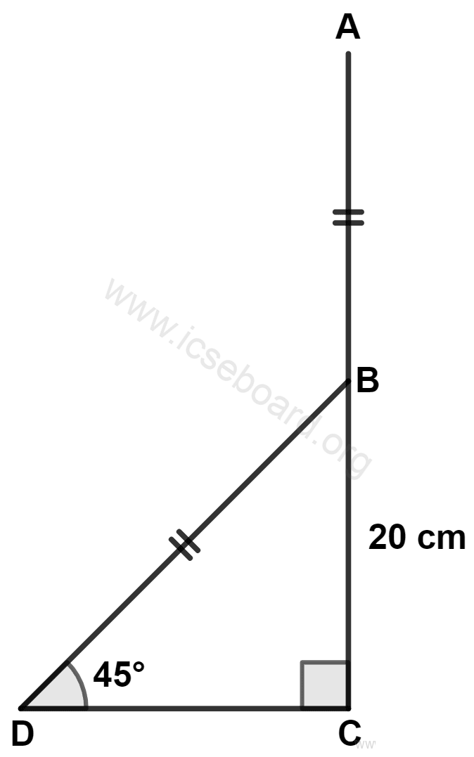 In the given figure, AB = BD, BC = 20 cm and ∠D = 45°, the length of AC is : Heights and Distances, Concise Mathematics Solutions ICSE Class 10.