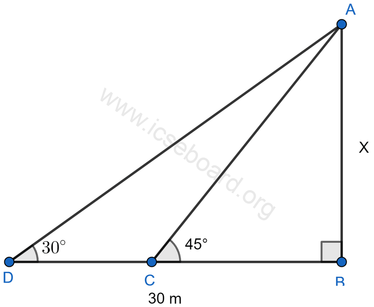 In the figure, given below, it is given that AB is perpendicular to BD and is of length X metres. DC = 30 m, ∠ADB = 30° and ∠ACB = 45°. Find X. Heights and Distances, Concise Mathematics Solutions ICSE Class 10.