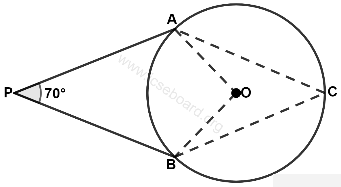PA and PB are tangents to a circle with center O. If angle BPA = 70°, the angle ACB is : Tangents and Intersecting Chords, Concise Mathematics Solutions ICSE Class 10.