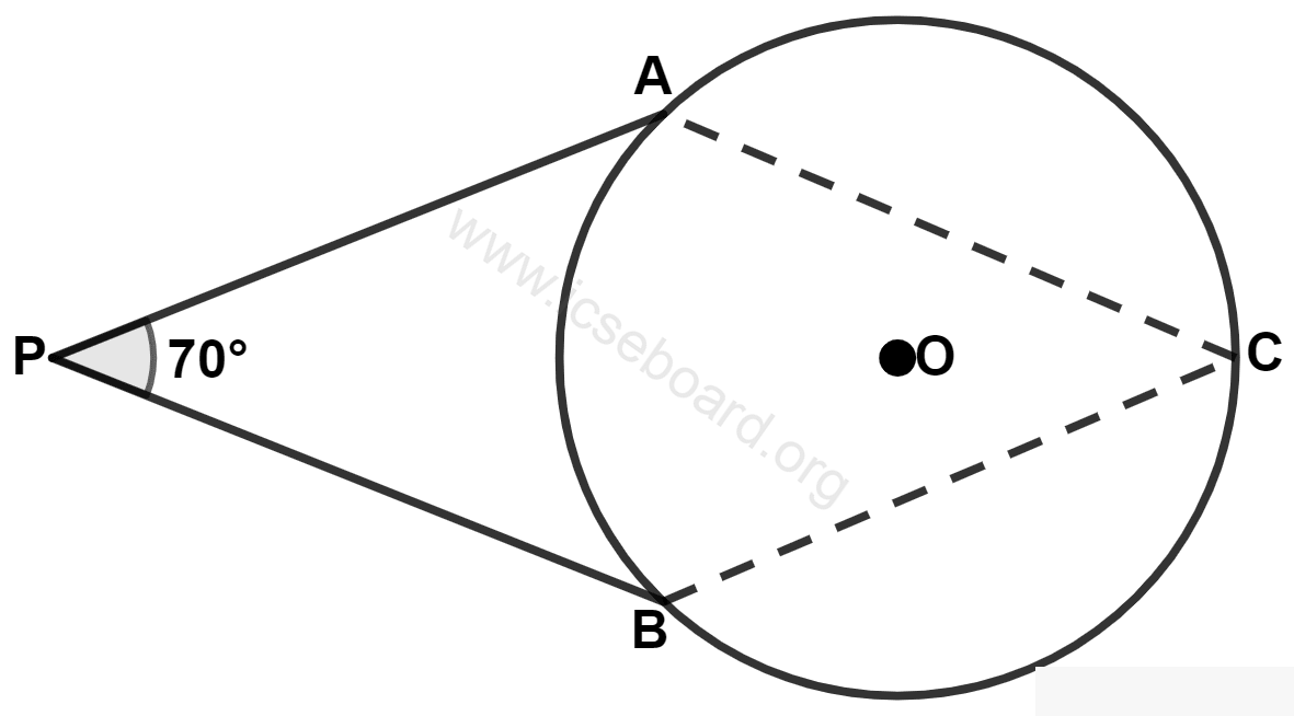 PA and PB are tangents to a circle with center O. If angle BPA = 70°, the angle ACB is : Tangents and Intersecting Chords, Concise Mathematics Solutions ICSE Class 10.