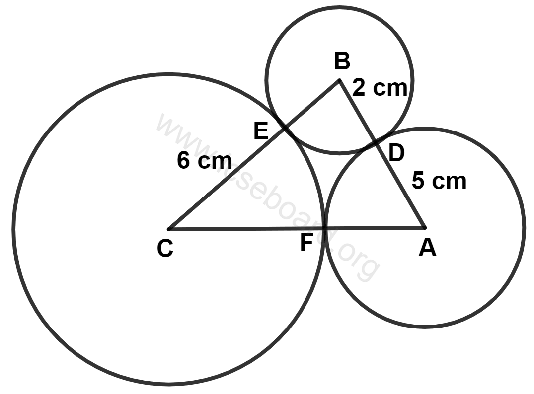 For the three circles with centers A, B and C and radii 5 cm, 2 cm and 6 cm respectively. Tangents and Intersecting Chords, Concise Mathematics Solutions ICSE Class 10.