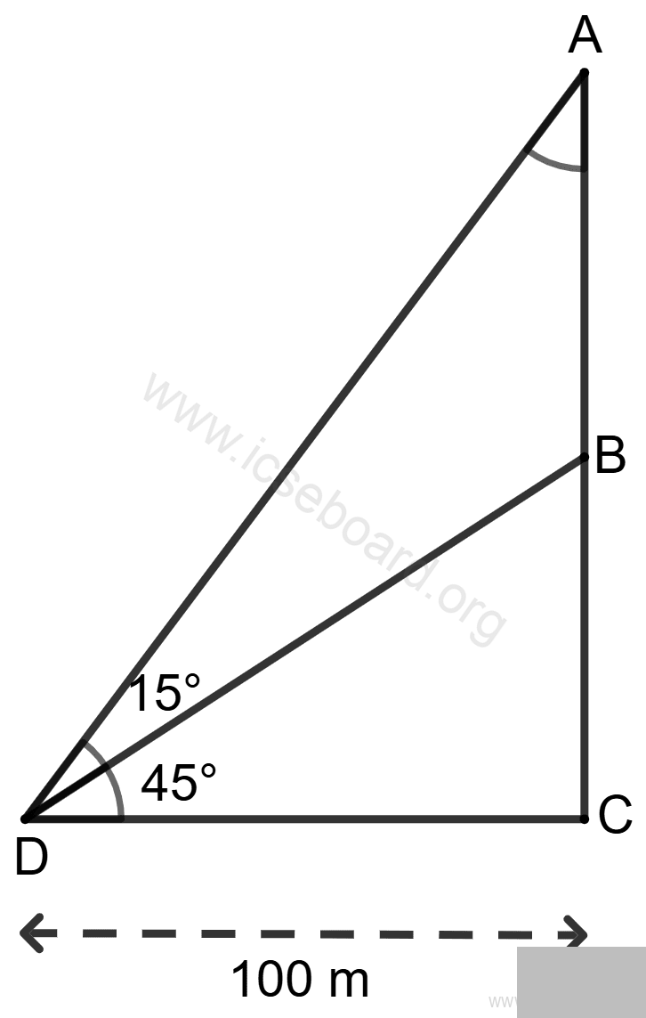 CD = 100 m, ∠ADB = 15° and ∠BDC = 45°. Concise Mathematics Solutions ICSE Class 10.