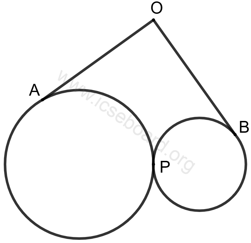 Two circles touch each other externally at point P. OA and OB are the tangent of the two circles (as shown) and OA = 10 cm. Concise Mathematics Solutions ICSE Class 10.