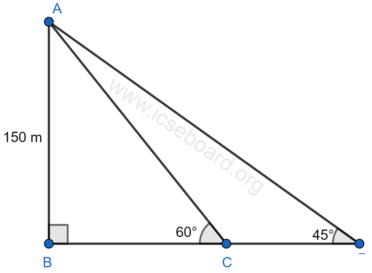 A man in a boat rowing away from a lighthouse 150 m high, takes 2 minutes to change the angle of elevation of the top of the lighthouse from 60° to 45°. Find the speed of the boat. Heights and Distances, Concise Mathematics Solutions ICSE Class 10.