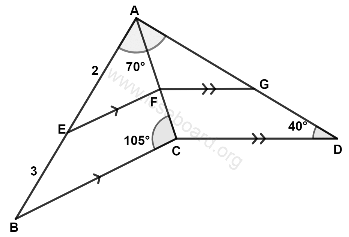 ICSE Maths Solved Competency Focused Questions Solutions Class 10 Chapter 3 Short Answer Questions 2 11 In the given figure (not drawn to scale), BC is parallel to EF, CD is parallel to FG, AE : EB = 2 : 3, ∠BAD = 70°, ∠ACB = 105°, ∠ADC = 40° and AC is bisector of ∠BAD. Maths Competency Focused Practice Questions Class 10 Solutions.