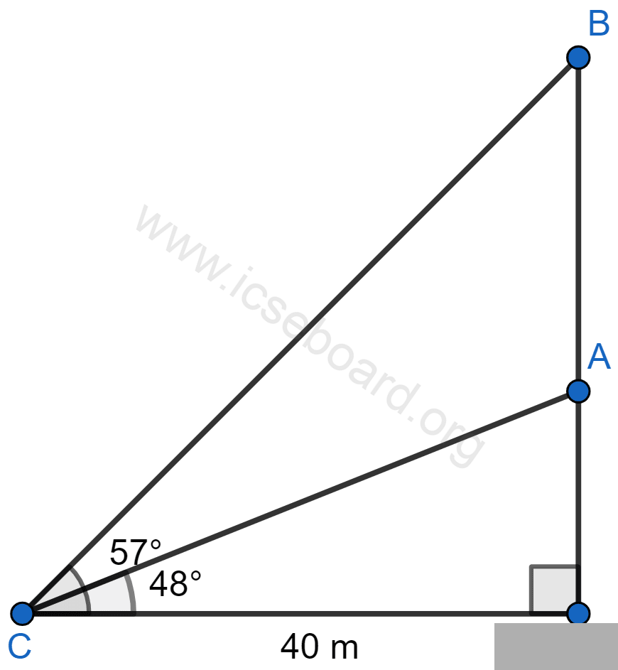 Two climbers are at points A and B on a vertical cliff face. To an observer C, 40 m from the foot of the cliff, on the level ground, A is at an elevation of 48° and B of 57°. What is the distance between the climbers? Heights and Distances, Concise Mathematics Solutions ICSE Class 10.