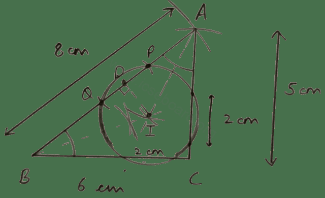 Concise Mathematics Selina Solutions Class 10 ICSE Chapter 19 Constructions (Circles) 16 (i) Using ruler and compasses only, construct a triangle ABC in which AB = 8 cm, BC = 6 cm and CA = 5 cm. (ii) Find its incenter and mark it I. (iii) With I as centre, draw a circle which will cut off 2 cm chords from each side of the triangle. Constructions, Concise Mathematics Solutions ICSE Class 10.