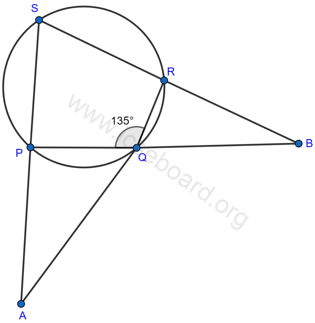 Concise Mathematics Selina Solutions Class 10 ICSE Chapter 17 Circles 141 In a cyclic quadrilateral PQRS, angle PQR = 135°. Sides SP and RQ produced meet at point A whereas sides PQ and SR produced meet at point B. If ∠A : ∠B = 2 : 1, find angles A and B. Circles, Concise Mathematics Solutions ICSE Class 10.
