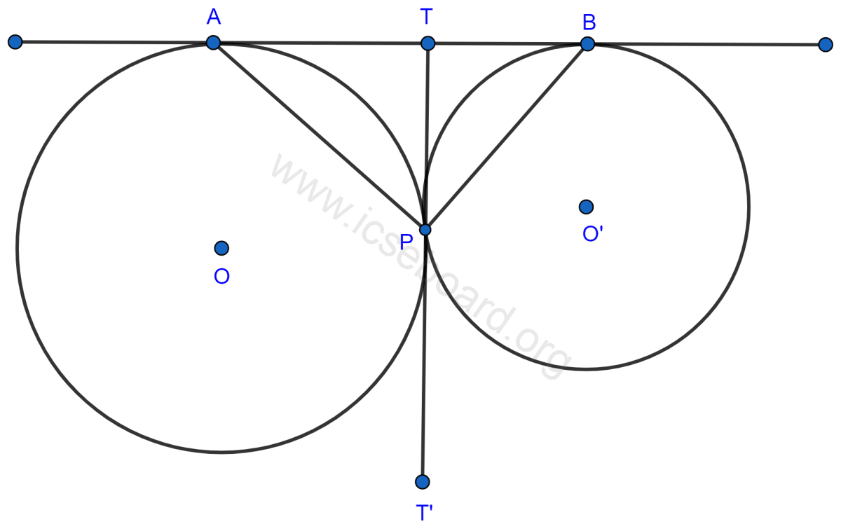 In the figure, two circles touch each other externally at point P. AB is the direct common tangent of these circles. Prove that (i) tangent at point P bisects AB (ii) angle APB = 90°. Tangents and Intersecting Chords, Concise Mathematics Solutions ICSE Class 10.
