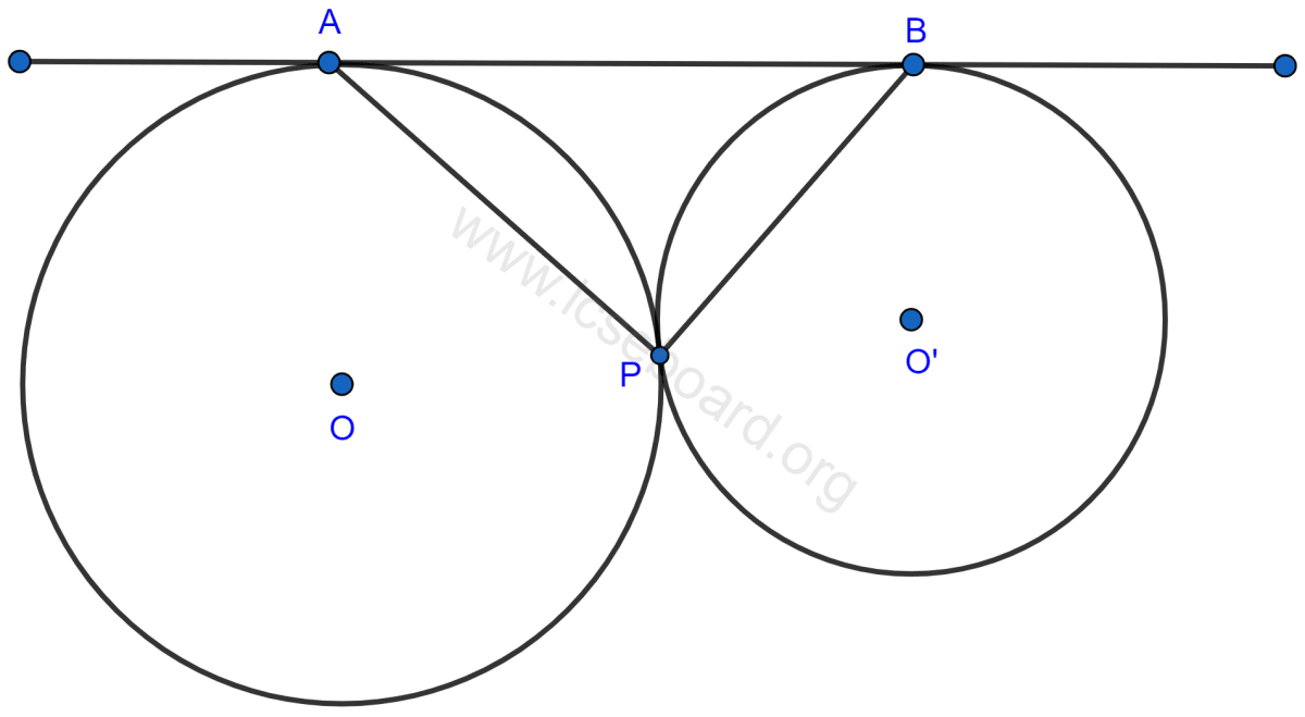 In the figure, two circles touch each other externally at point P. AB is the direct common tangent of these circles. Prove that (i) tangent at point P bisects AB (ii) angle APB = 90°. Tangents and Intersecting Chords, Concise Mathematics Solutions ICSE Class 10.