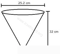 A vessel, in the form of an inverted cone, is filled with water to the brim. Its height is 32 cm and diameter of the base is 25.2 cm. Six equal solid cones are dropped in it, so that they are fully submerged. As a result one-fourth of water in the original cone overflows. What is the volume of each of the solid cones submerged? Cylinder, Cone, Sphere, Concise Mathematics Solutions ICSE Class 10.