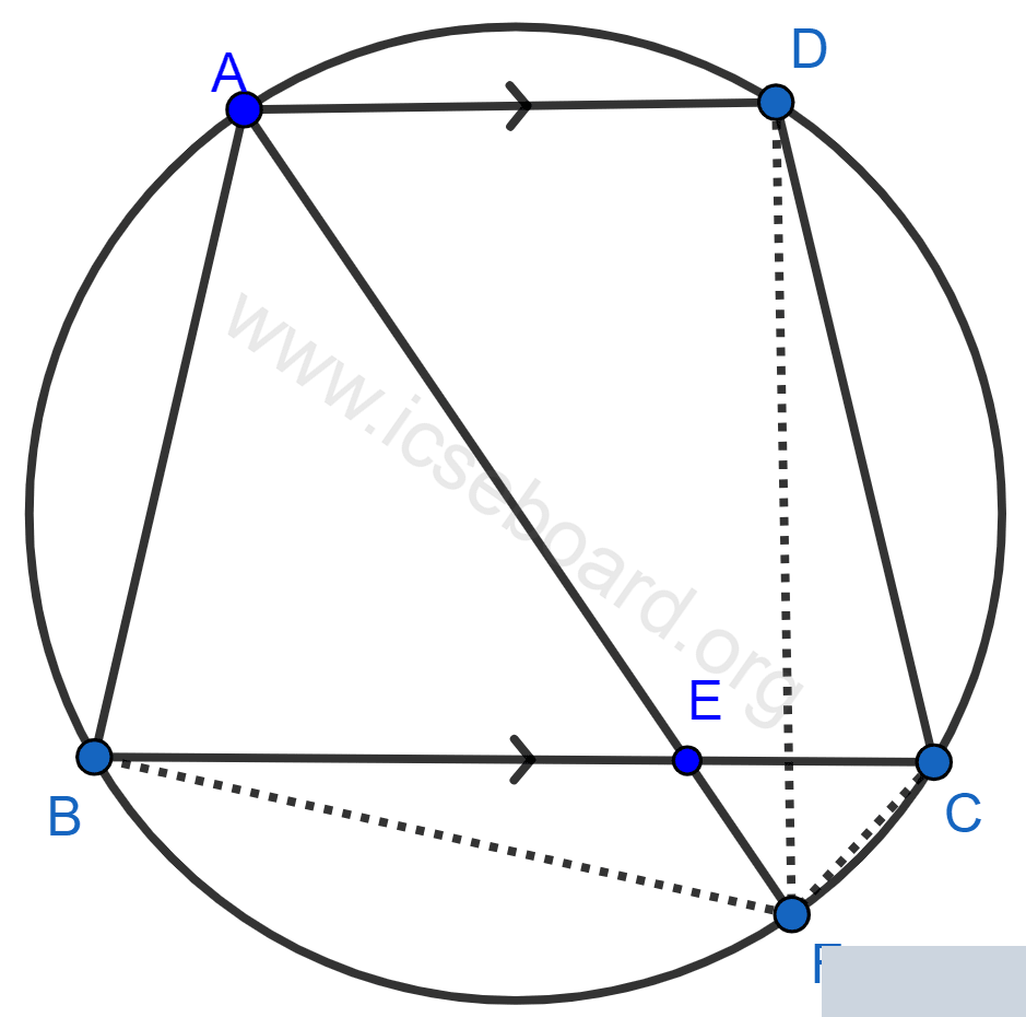 Concise Mathematics Selina Solutions Class 10 ICSE Chapter 17 Circles 142 In the following figure, ABCD is a cyclic quadrilateral in which AD is parallel to BC. If the bisector of angle A meets BC at point E and the given circle at point F, prove that (i) EF = FC (ii) BF = DF. Circles, Concise Mathematics Solutions ICSE Class 10.