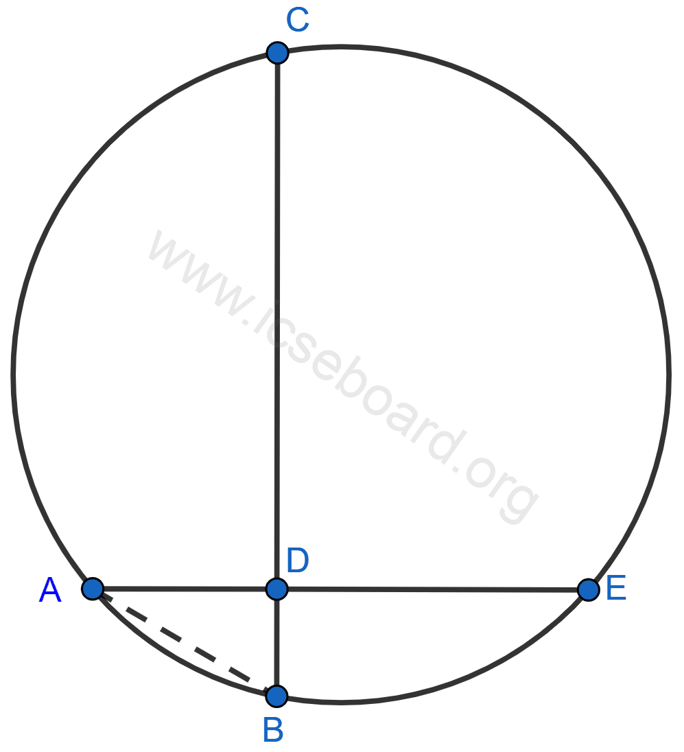 In the figure, chords AE and BC intersect each other at point D. (i) If ∠CDE = 90°, AB = 5 cm, BD = 4 cm and CD = 9 cm; find DE. (ii) If AD = BD, show that : AE = BC. Tangents and Intersecting Chords, Concise Mathematics Solutions ICSE Class 10.