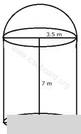 A metal container in the form of a cylinder is surmounted by a hemisphere of the same radius. The internal height of the cylinder is 7 m and the internal radius is 3.5 m. Calculate : (i) the total area of the internal surface, excluding the base; (ii) the internal volume of the container in m<sup>3</sup>. Cylinder, Cone, Sphere, Concise Mathematics Solutions ICSE Class 10.