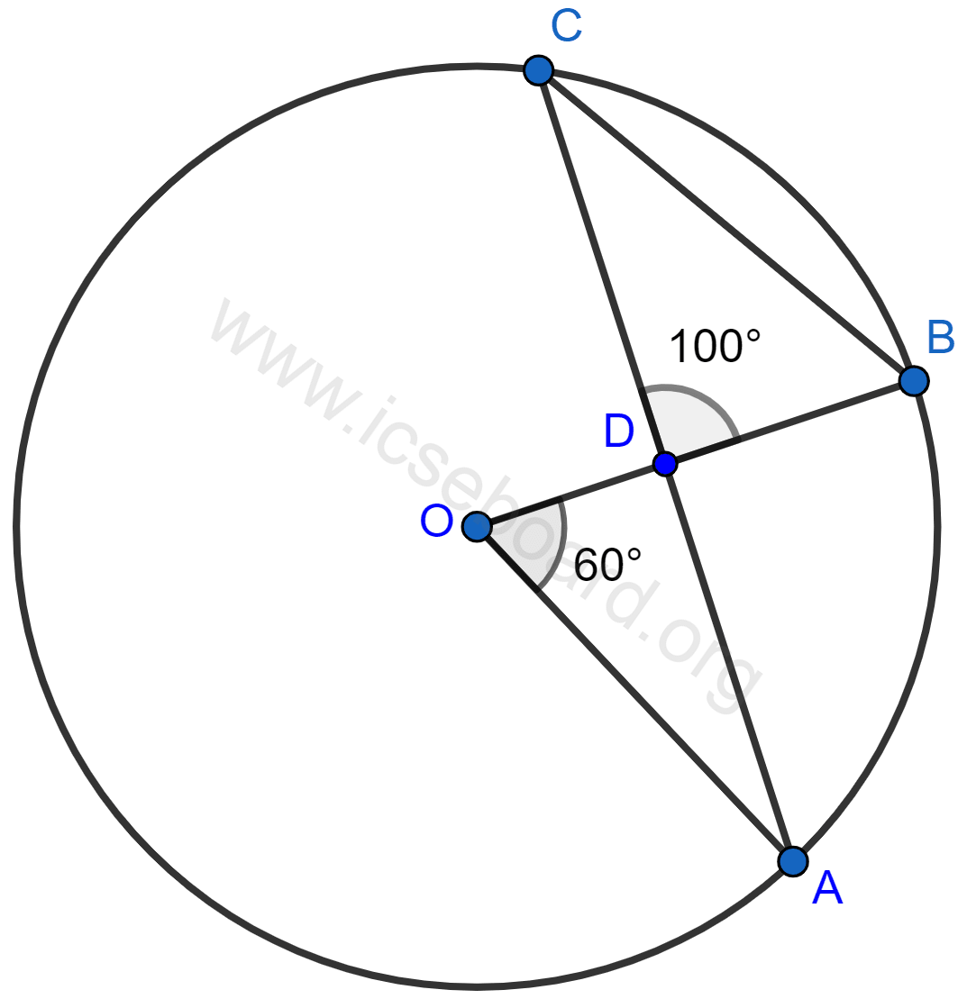 Concise Mathematics Selina Solutions Class 10 ICSE Chapter 17 Circles 17 In the following figure, O is the centre of the circle, ∠AOB = 60° and ∠BDC = 100°. Find ∠OBC. Circles, Concise Mathematics Solutions ICSE Class 10.