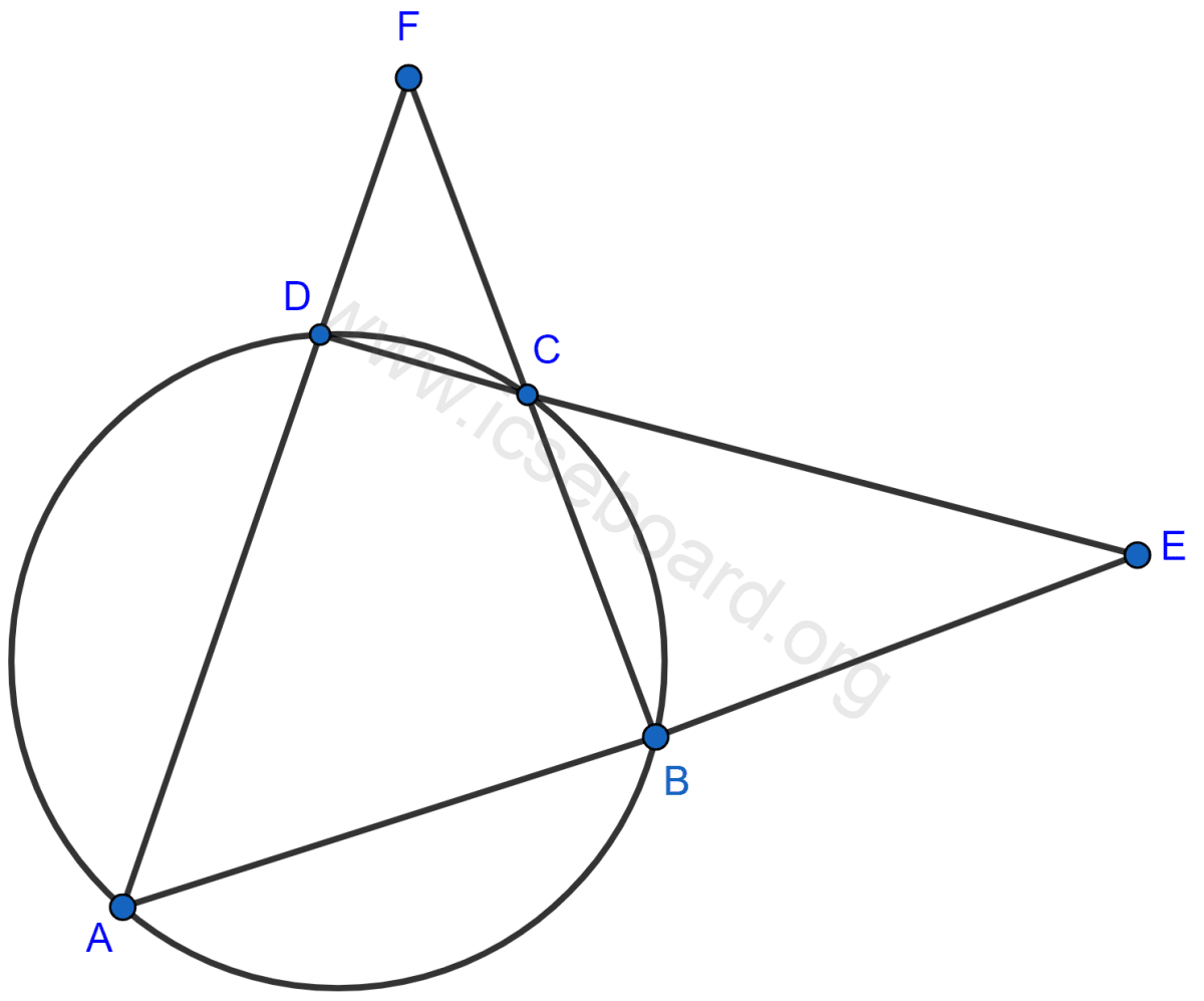 Concise Mathematics Selina Solutions Class 10 ICSE Chapter 17 Circles 143 ABCD is a cyclic quadrilateral. Sides AB and DC produced meet at point E; whereas sides BC and AD produced meet at point F. If ∠DCF : ∠F : ∠E = 3 : 5 : 4, find the angles of the cyclic quadrilateral ABCD. Circles, Concise Mathematics Solutions ICSE Class 10.