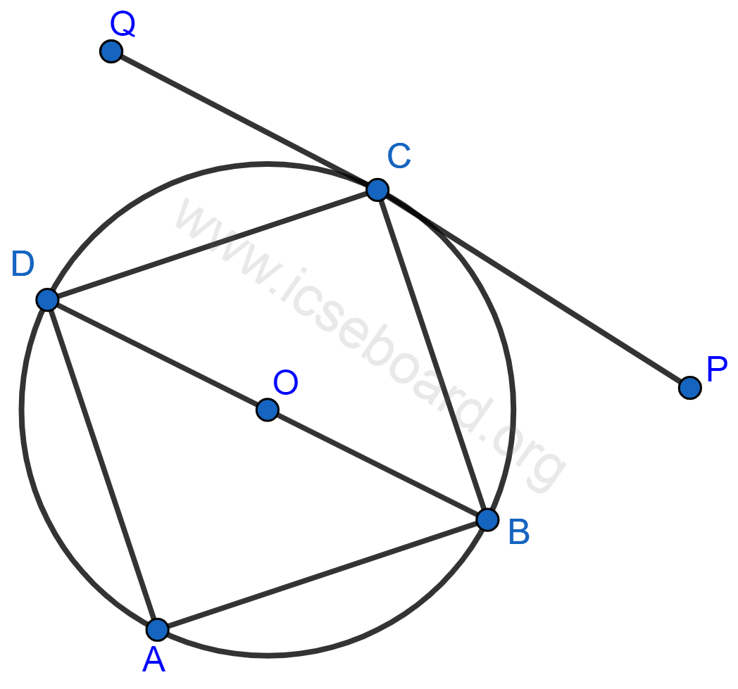 In the given figure, ABCD is a cyclic quadrilateral, PQ is tangent to the circle at point C and BD is its diameter. If ∠DCQ = 40° and ∠ABD = 60°, find: (i) ∠DBC (ii) ∠BCP (iii) ∠ADB. Tangents and Intersecting Chords, Concise Mathematics Solutions ICSE Class 10.