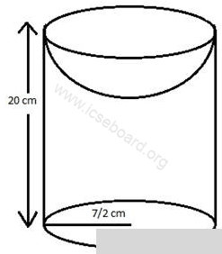A hollow cylinder has solid hemisphere inward at one end and on the other end it is closed with a flat circular plate. The height of water is 10 cm when flat circular surface is downward. Find the level of water, when it is inverted upside down, common diameter is 7 cm and height of cylinder is 20 cm. Cylinder, Cone, Sphere, Concise Mathematics Solutions ICSE Class 10.
