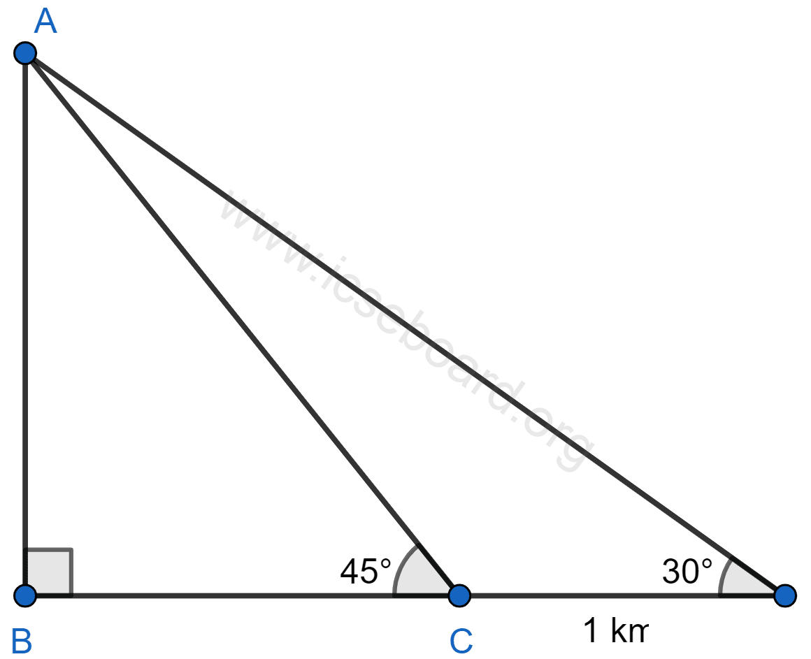 From the top of a hill, the angles of depression of two consecutive kilometer stones, due east are found to be 30° and 45° respectively. Find the distances of the two stones from the foot of hill. Heights and Distances, Concise Mathematics Solutions ICSE Class 10.