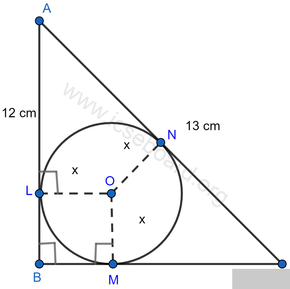 ABC is a right angled triangle with AB = 12 cm and AC = 13 cm. A circle, with center O, has been inscribed inside the triangle. Calculate the value of x, the radius of the inscribed circle. Tangents and Intersecting Chords, Concise Mathematics Solutions ICSE Class 10.