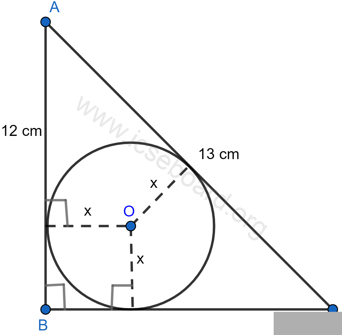 ABC is a right angled triangle with AB = 12 cm and AC = 13 cm. A circle, with center O, has been inscribed inside the triangle. Calculate the value of x, the radius of the inscribed circle. Tangents and Intersecting Chords, Concise Mathematics Solutions ICSE Class 10.
