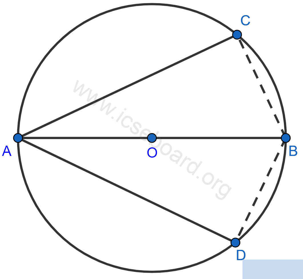 Concise Mathematics Selina Solutions Class 10 ICSE Chapter 17 Circles 145 In the given figure, AB is the diameter of a circle with center O. If chord AC = chord AD, prove that : (i) arc BC = arc DB (ii) AB is the bisector of ∠CAD. Further, if the length of arc AC is twice the length of arc BC, find (a) ∠BAC (b) ∠ABC. Circles, Concise Mathematics Solutions ICSE Class 10.