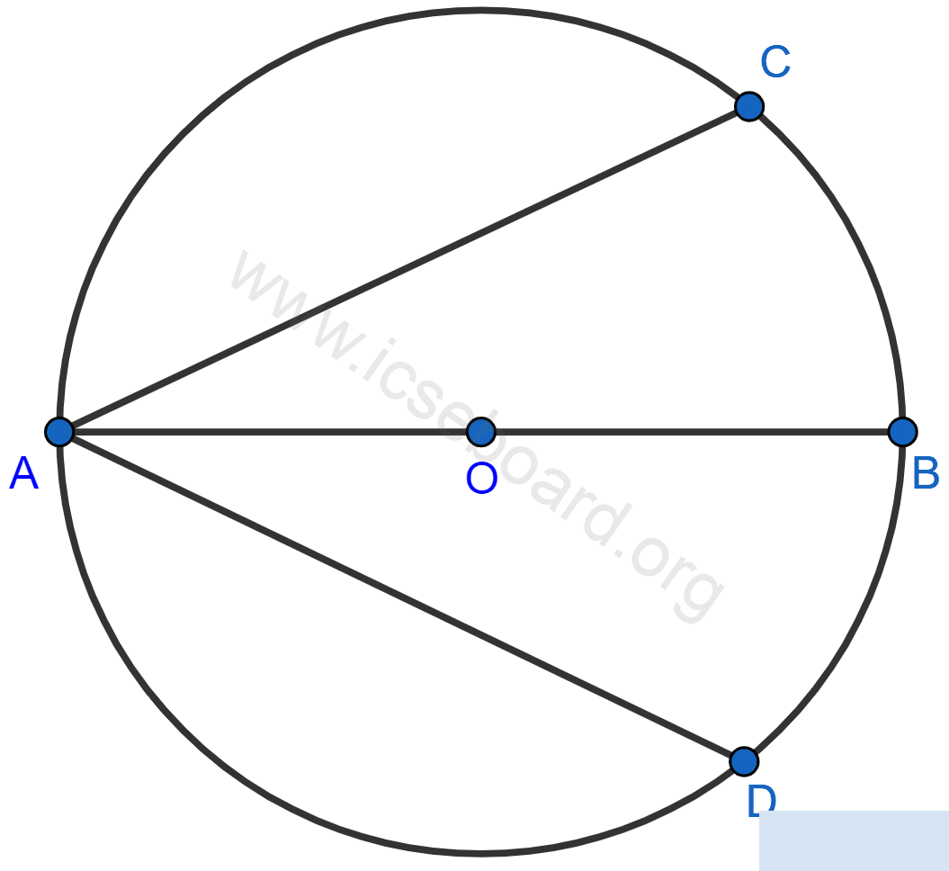 Concise Mathematics Selina Solutions Class 10 ICSE Chapter 17 Circles 144 In the given figure, AB is the diameter of a circle with center O. If chord AC = chord AD, prove that : (i) arc BC = arc DB (ii) AB is the bisector of ∠CAD. Further, if the length of arc AC is twice the length of arc BC, find (a) ∠BAC (b) ∠ABC. Circles, Concise Mathematics Solutions ICSE Class 10.