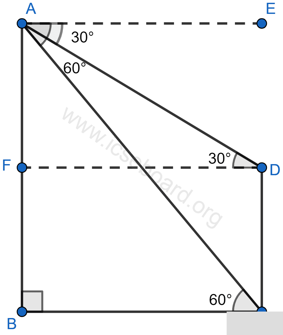 In the given figure, from the top of a building AB = 60 m high, the angles of depression of the top and bottom of a vertical lamp post CD are observed to be 30° and 60° respectively. Find : (i) the horizontal distance between AB and CD. (ii) the height of the lamp post. Heights and Distances, Concise Mathematics Solutions ICSE Class 10.