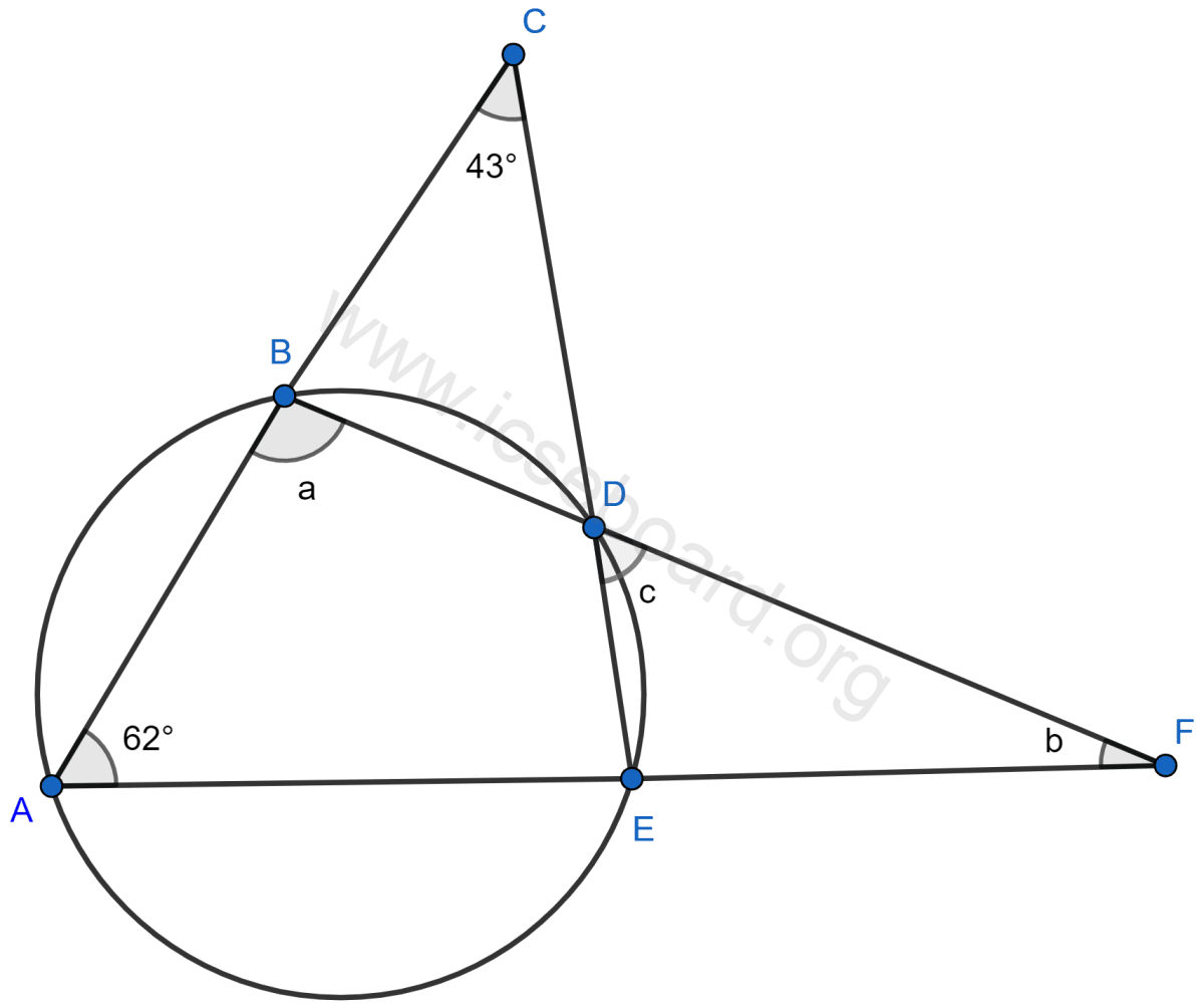 Concise Mathematics Selina Solutions Class 10 ICSE Chapter 17 Circles 147 In the given figure, ∠ACE = 43° and ∠CAF = 62°; find the values of a, b and c. Circles, Concise Mathematics Solutions ICSE Class 10.