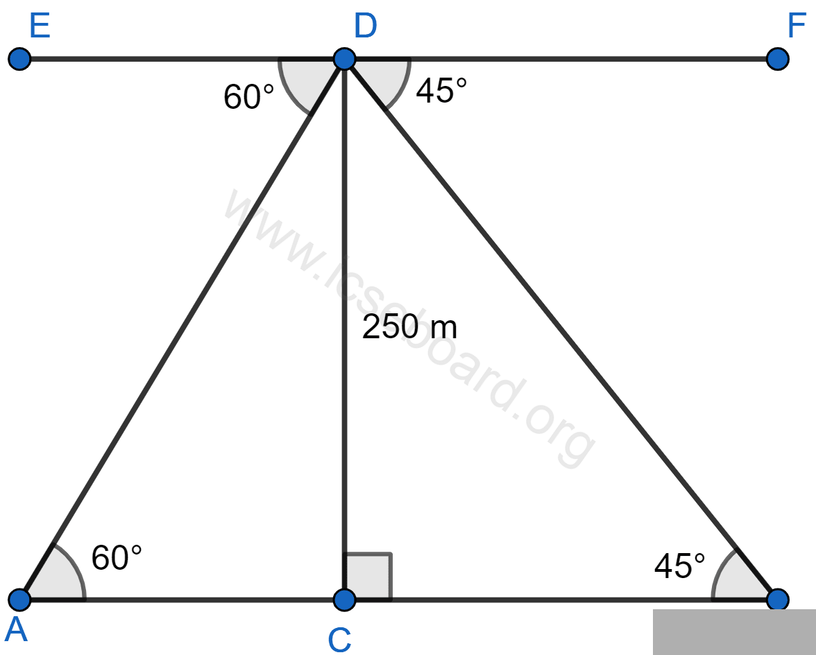An aeroplane, at an altitude of 250 m, observes the angle of depression of two boats on the opposite banks of a river to be 45° and 60° respectively. If the boats are on the opposite sides of the aeroplane, find the width of the river. Write the answer correct to the nearest whole number. Heights and Distances, Concise Mathematics Solutions ICSE Class 10.