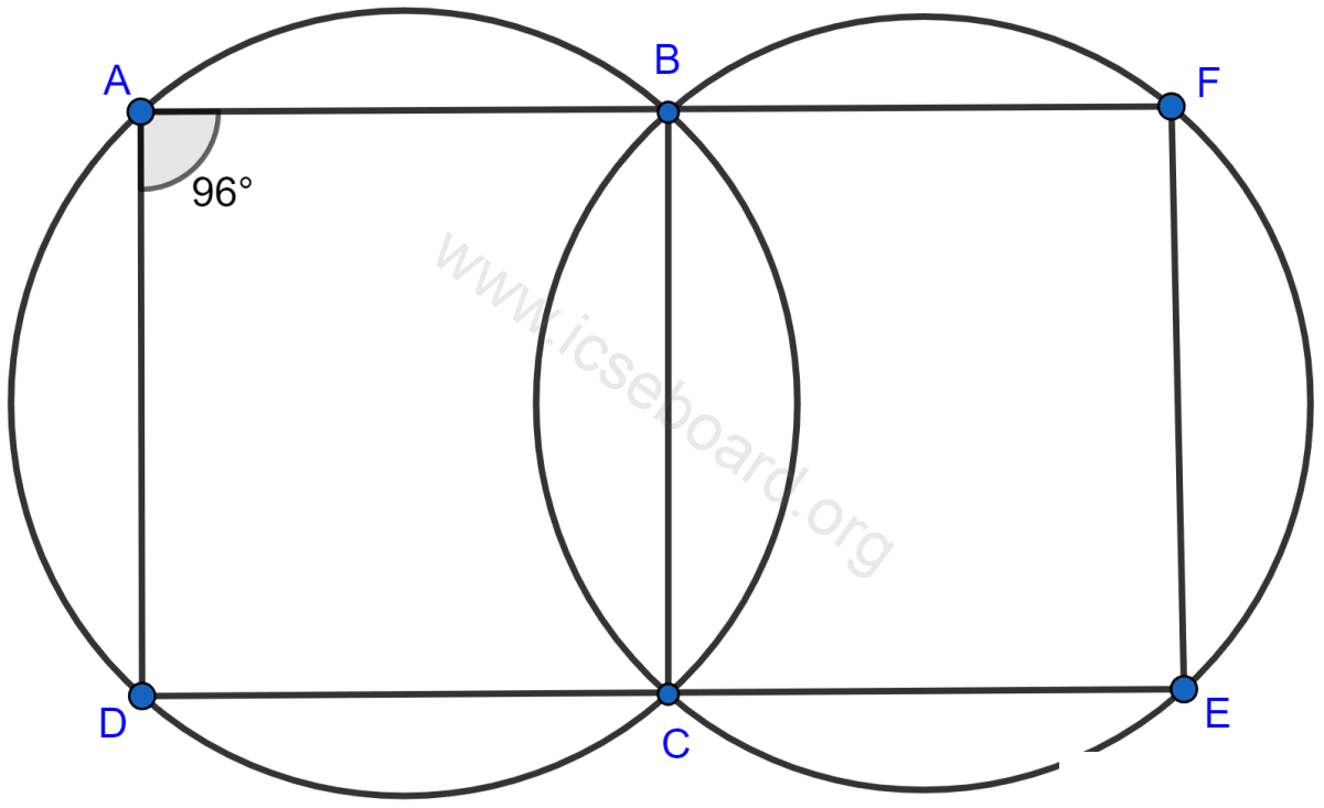 Concise Mathematics Selina Solutions Class 10 ICSE Chapter 17 Circles 50 In the figure, if ∠BAD = 96°, find ∠BCD and ∠BFE. Prove that AD is parallel to FE. Circles, Concise Mathematics Solutions ICSE Class 10.