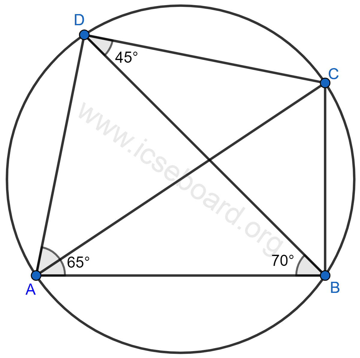 Concise Mathematics Selina Solutions Class 10 ICSE Chapter 17 Circles 7 In the given figure, ∠BAD = 65°, ∠ABD = 70°, ∠BDC = 45°. Prove that AC is a diameter of the circle. Find ∠ACB. Circles, Concise Mathematics Solutions ICSE Class 10.