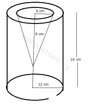 From a solid cylinder whose height is 16 cm and radius is 12 cm, a conical cavity of height 8 cm and of base radius 6 cm is hollowed out. Find the volume and total surface area of the remaining solid. Cylinder, Cone, Sphere, Concise Mathematics Solutions ICSE Class 10.