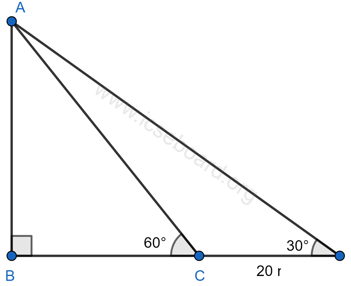 Find the height of a tree when it is found that on walking away from it 20 m, in a horizontal line through its base, the elevation of its top changes from 60° to 30°. Heights and Distances, Concise Mathematics Solutions ICSE Class 10.