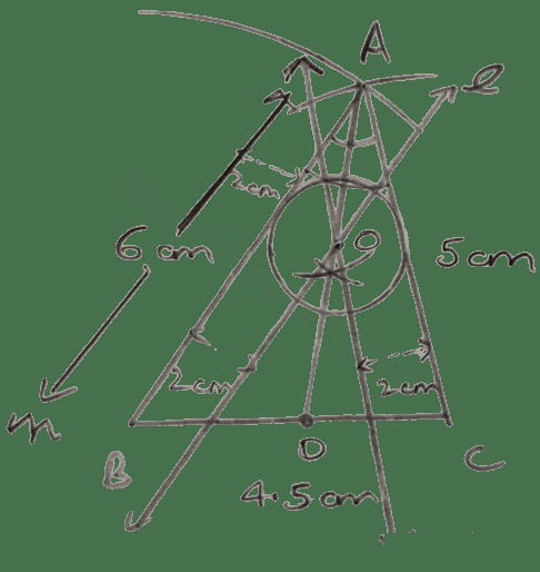 Draw a triangle ABC in which AB = 6 cm, BC = 4.5 cm and AC = 5 cm. Draw and label (i) the locus of the centers of all circles which touch AB and AC, (ii) the locus of the centers of all the circles of radius 2 cm which touch AB. Hence, construct the circle of radius 2 cm which touches AB and AC. Loci, Concise Mathematics Solutions ICSE Class 10.