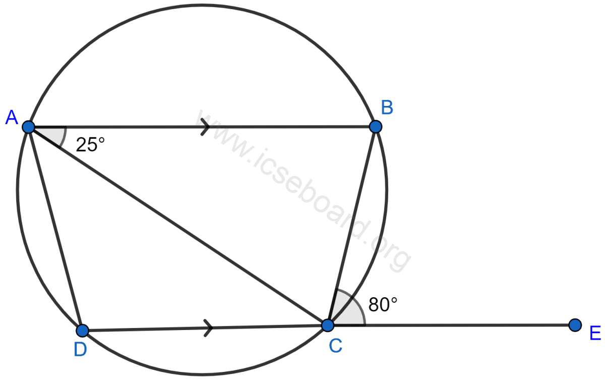 Concise Mathematics Selina Solutions Class 10 ICSE Chapter 17 Circles 148 In the given figure, AB is parallel to DC, ∠BCE = 80° and ∠BAC = 25°. Find (i) ∠CAD (ii) ∠CBD (iii) ∠ADC. Circles, Concise Mathematics Solutions ICSE Class 10.