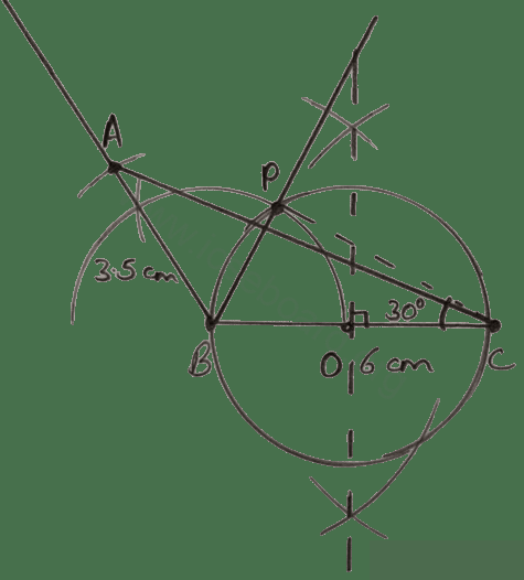 Concise Mathematics Selina Solutions Class 10 ICSE Chapter 19 Constructions (Circles) 20 Using a ruler and compasses only . (i) Construct a triangle ABC with the following data : AB = 3.5 cm, BC = 6 cm and ∠ABC = 120°. (ii) In same diagram, draw a circle with BC as diameter. Find a point P on the circumference of the circle which is equidistant from AB and BC. (iii) Measure ∠BCP. Constructions, Concise Mathematics Solutions ICSE Class 10.