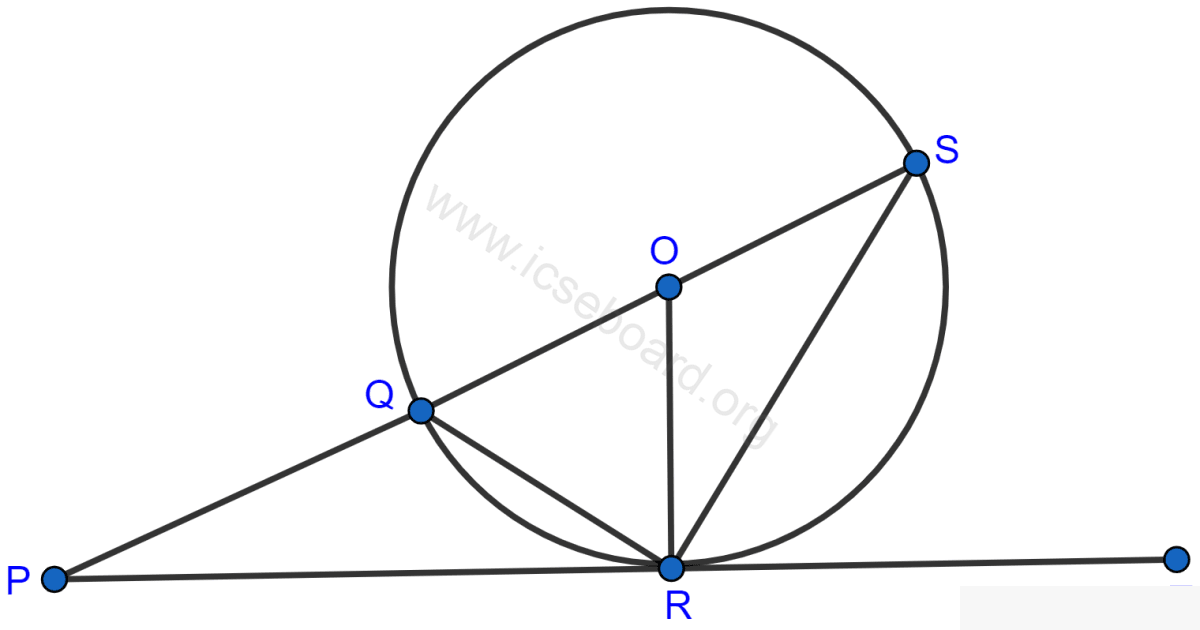 In the figure, PT touches the circle with center O at point R. Diameter SQ is produced to meet the tangent TR at P. Given ∠SPR = x° and ∠QRP = y° prove that : (i) ∠ORS = y° (ii) write an expression connecting x and y. Tangents and Intersecting Chords, Concise Mathematics Solutions ICSE Class 10.