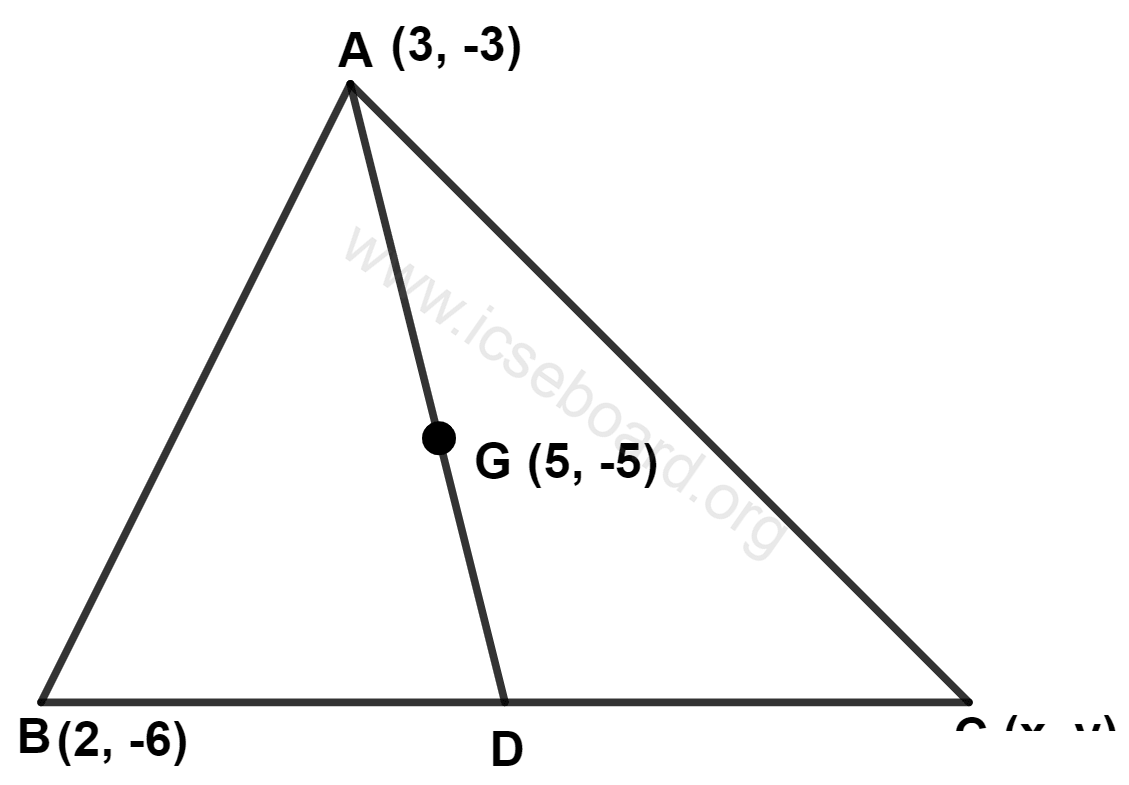 ICSE Maths Solved Competency Focused Questions Solutions Class 10 Chapter 1 Multiple-Choice Questions 2 In the adjoining diagram, G is the centroid of △ ABC. A(3, -3), B(2, -6), C(x, y) and G(5, -5). The coordinates of point D are : Maths Competency Focused Practice Questions Class 10 Solutions.