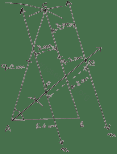 Construct a triangle ABC, with AB = 5.6 cm, AC = BC = 9.2 cm. Find the points equidistant from AB and AC; and also 2 cm from BC. Measure the distance between the two points obtained. Loci, Concise Mathematics Solutions ICSE Class 10.