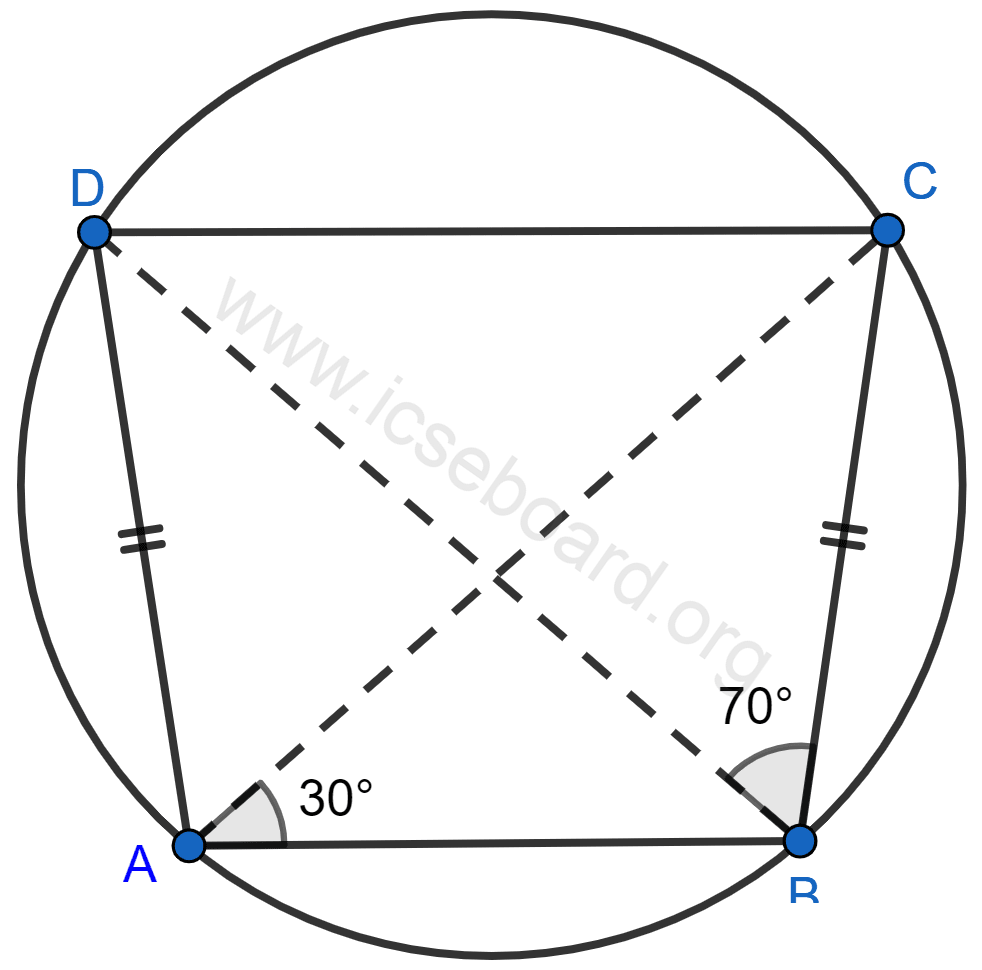 Concise Mathematics Selina Solutions Class 10 ICSE Chapter 17 Circles 151 In the figure, given below, AD = BC, ∠BAC = 30° and ∠CBD = 70°. Find : (i) ∠BCD (ii) ∠BCA (iii) ∠ABC (iv) ∠ADB. Circles, Concise Mathematics Solutions ICSE Class 10.