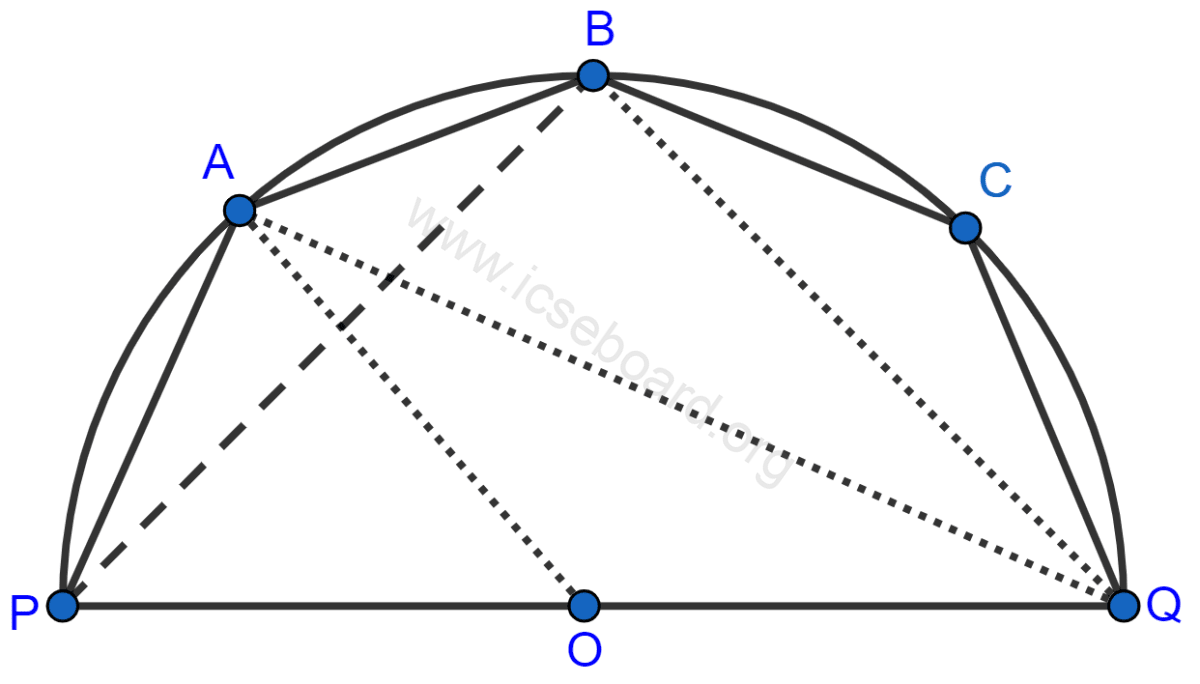 The figure shows a semi-circle with center O and diameter PQ. If PA = AB and ∠BCQ = 140°; find measures of angles PAB and AQB. Also, show that AO is parallel to BQ. Tangents and Intersecting Chords, Concise Mathematics Solutions ICSE Class 10.