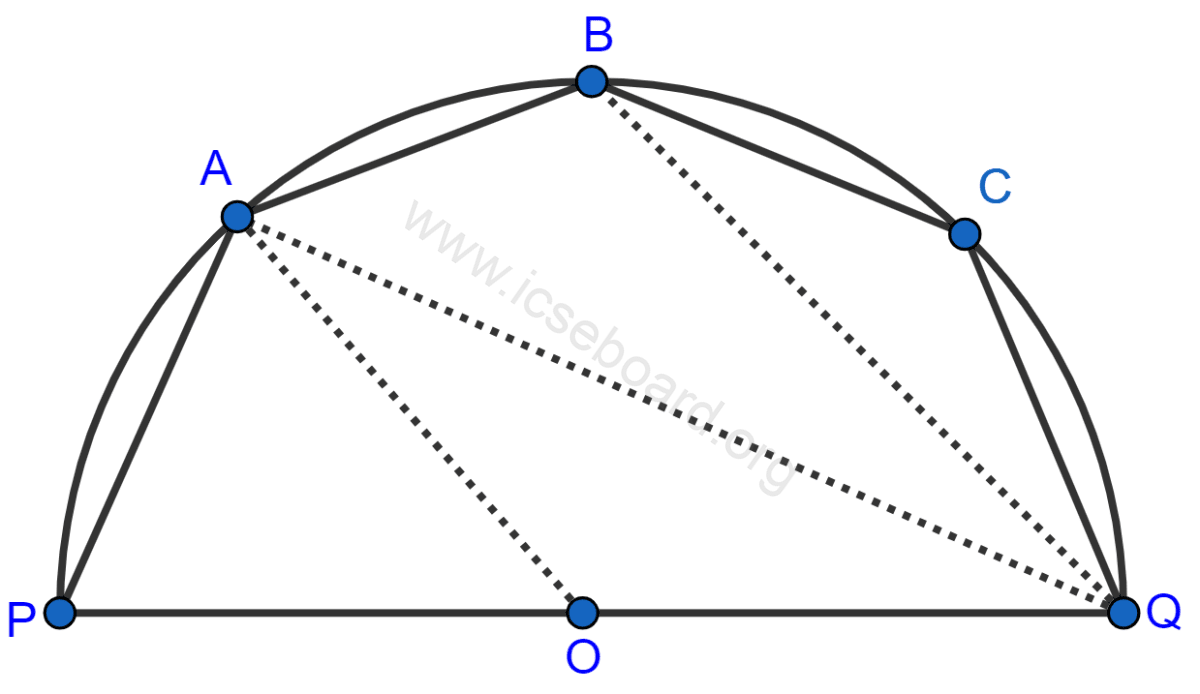 The figure shows a semi-circle with center O and diameter PQ. If PA = AB and ∠BCQ = 140°; find measures of angles PAB and AQB. Also, show that AO is parallel to BQ. Tangents and Intersecting Chords, Concise Mathematics Solutions ICSE Class 10.