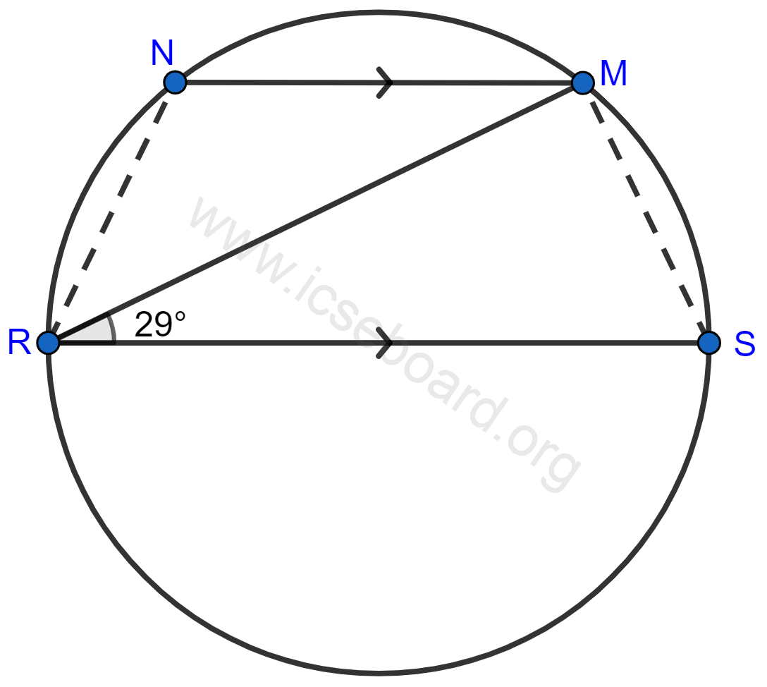 Concise Mathematics Selina Solutions Class 10 ICSE Chapter 17 Circles 57 In the figure given, RS is a diameter of the circle. NM is parallel to RS and ∠MRS = 29°. Calculate ∠RNM, ∠NRM. Circles, Concise Mathematics Solutions ICSE Class 10.
