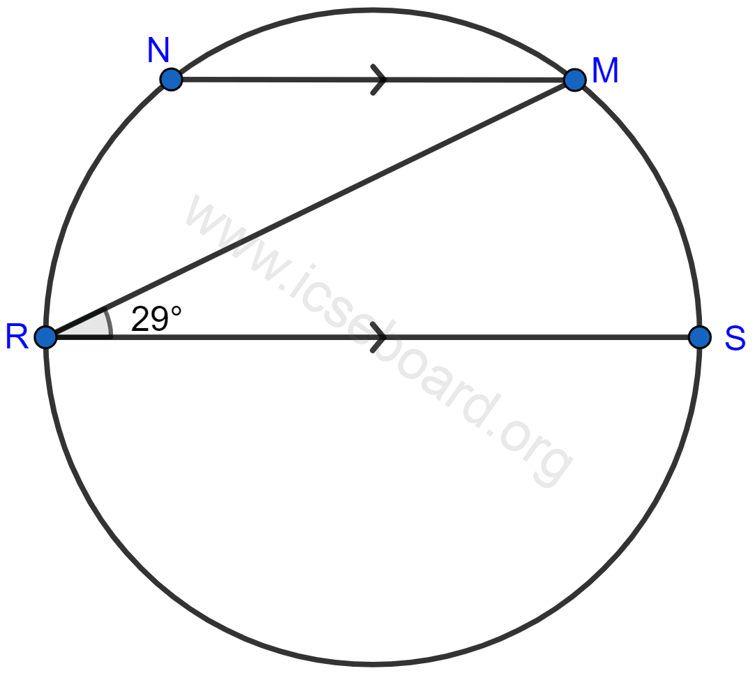 Concise Mathematics Selina Solutions Class 10 ICSE Chapter 17 Circles 56 In the figure given, RS is a diameter of the circle. NM is parallel to RS and ∠MRS = 29°. Calculate ∠RNM, ∠NRM. Circles, Concise Mathematics Solutions ICSE Class 10.