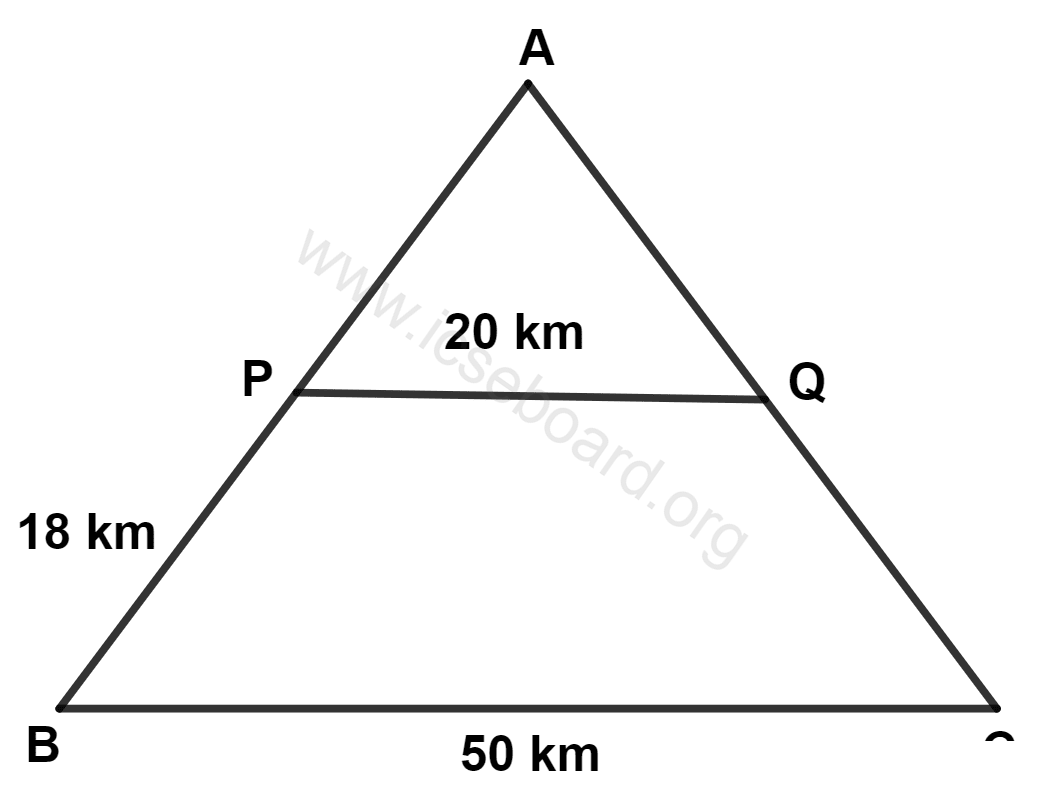 ICSE Maths Solved Competency Focused Questions Solutions Class 10 Chapter 1 Multiple-Choice Questions 5 In the given diagram (not draw to scale), railway stations A, B, C, P and Q are connected by straight tracks. Track PQ is parallel to BC. The time taken by a train travelling at 90 km/hr to reach B from A by the shortest route is : Maths Competency Focused Practice Questions Class 10 Solutions.